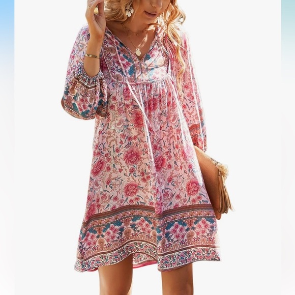 Temofon Womens Pink Floral Boho Mini Dress SZ MD New 3/4 Sleeve Flowy V Neck - Picture 1 of 10